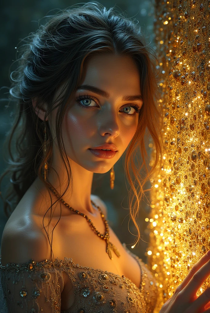 (masterpiece), (best quality), (ultra-detailed), (masterpiece:1.2), best quality), (ultra-detailed), realistic, illustration, beautiful woman, long hair, brown hair, beautiful eyes detail, (teal eyes), (beautiful stained glass dress), large breasts, high heels, smile, parted lips, full and defined body, thick thighs detailed body, dress with sexy short pink langerie.