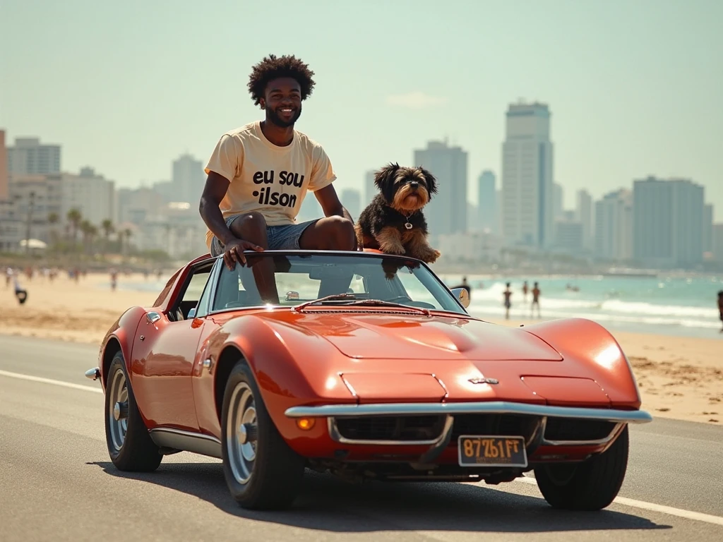 The animal Cricket with blond hair riding in a car on the beach