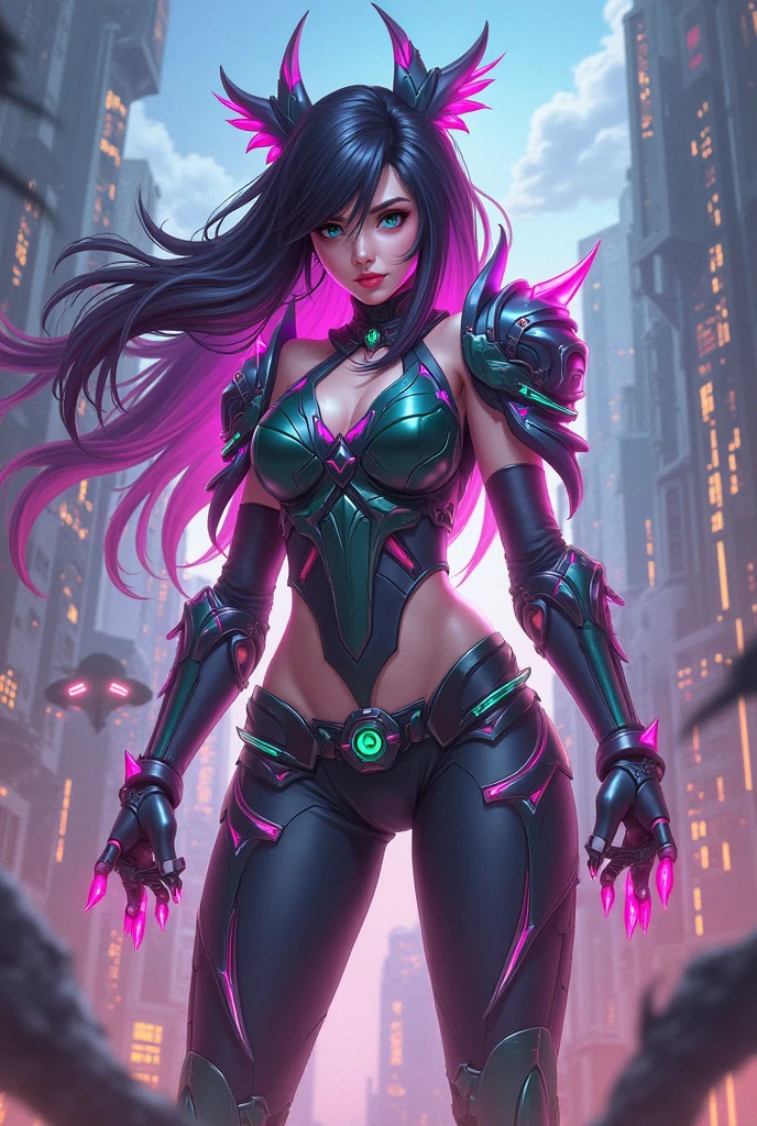<lora:StealthTech-20:1>, stealthtech ,scifi ,cutting edge , sleek  angular ,
1girl, tattoos, glowing tattoos, green glowing eyes, green glowing hair , full body,monster girl,