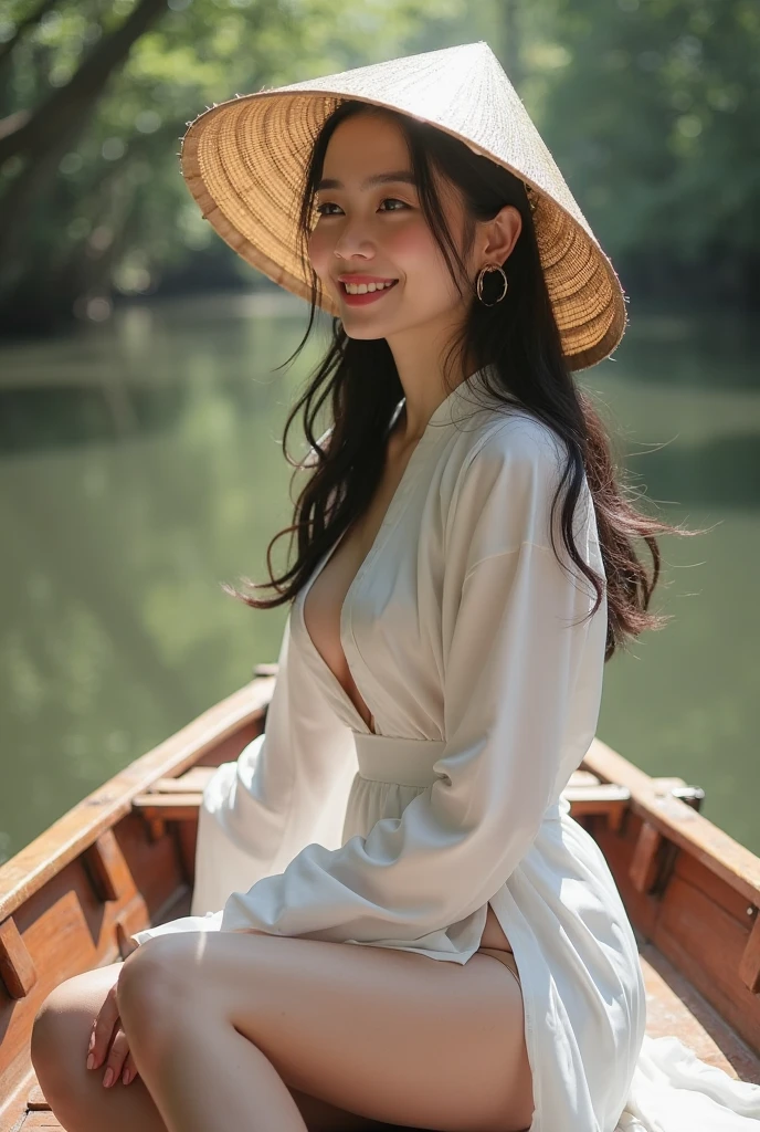 1girl,solo,20-year-old girl, sitting on a boat in the Mekong River, wearing a white AoDai with flower patterns, amethyst earrings, amethyst necklace, gold bracelet, wearing a vietnamese bamboo hat, delicate eyes, delicate face, big breasts, shiny skin, perfect body, perfect hands, perfect feet, the best masterpiece, masterwork, ultra-realistic photos of people, high-quality, high-quality, HDR, ultra-high resolution drawing,