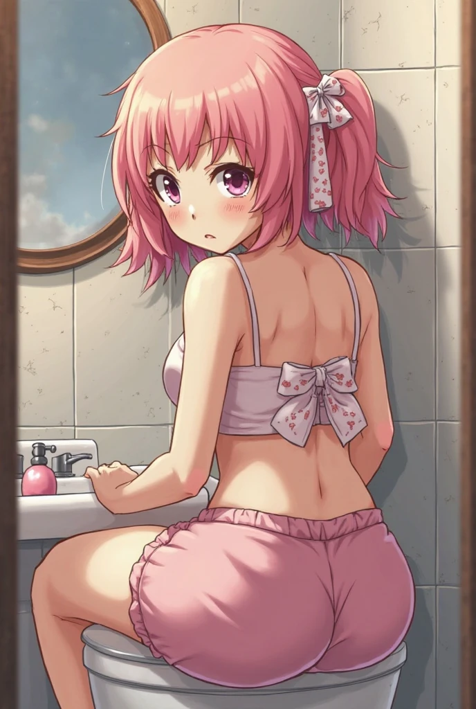 alone, Pink Hair, Medium Hair, Colored hints, Striped Hair, Light blue hair, Huge ahoge, Bright Blue Eyes, Medium chest, From behind, Heart Cutout, Ass cutout, Pink Panties, camisole, Mature Woman, Ass Focus Best Quality