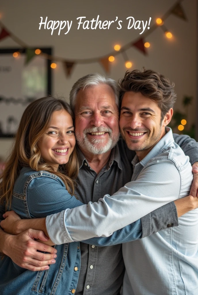a family portrait: A grandfather and his two granddaughters hugging each other, a sexy girl and a boy showing their abs.