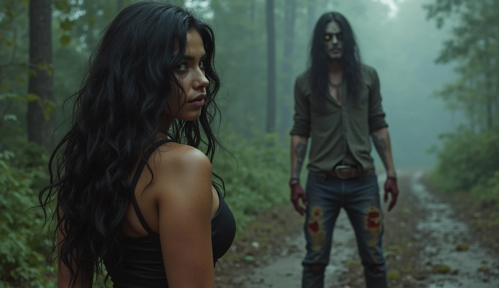 ultra realistic, photography, long black straight hair, messy hair, (30 years old, hazel eyes, hourglass figure, perfect fit body, natural big breasts), femme fatale, she is wearing a very ripped and torn blouse with a plunging neckline, pushed down over her right shoulder, blood is on her blouse, there are bloodstains on her blue jeans, her sneakers are dirty, she is hiding in the woods, standing behind a huge tree, she is leaning against the tree, she looks scared, a guy with a devils mask and a bloody machete is approaching behind her tree, he is looking around, extreme wide angle
