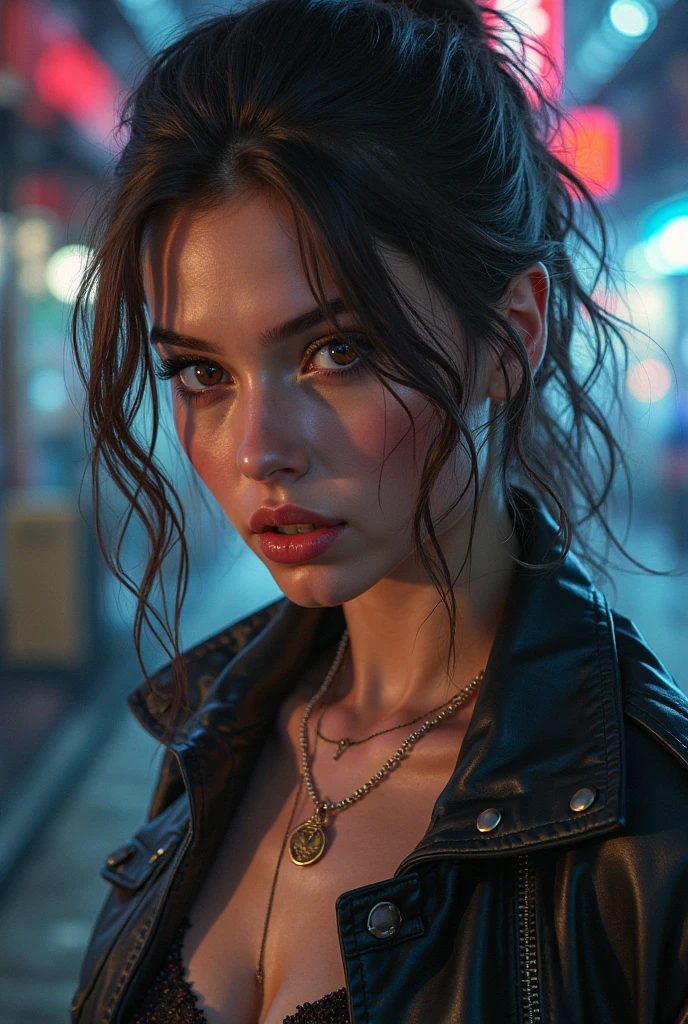 Foto de retrato de rosto completo de menina europeia de 25 anos, RAW, mulher bonita, semi-open strawberry lip, covinhas, wistful expression, (brown hair with extra long wavy), ((rosto detalhado)), ((detailedfacialfeatures)), (pele fina detalhada), pale skinned, ambiente de megacidade cyberpunk, (cor fria), humid, humid, reflexo, (masterpieceShot com Canon EOS R5 (detalhe) (Fotos realistas) (detalhes detalhados) lente de 50mm, f/2.8, HDR, (8k) (papel de parede) (cinematic lighthing) (lighting dramatic) (foco nítido) (complexo), fotografia RAW, fotografia RAW, fotografia gigachade, camera pose, jeans preto, back arm, 8k uhd, dslr, de alta qualidade, grain movie, Fujifilm XT3, Film Stock Photo 4 Kodak Portra 400 Camera F1.6 Lens Rich Colors Ultra-realistic Textures Dramatic Lighting Unreal Engine Art Station Trends Cinestill 4B8r3B4p7yhRXuBWLqsQ546WR43cqQwrbXMDFnBi6vSJBeif8tPW85a7r7DM961Jvk4hdryZoByEp8GC8HzsqJpRN4FxGM9mess, Muscles, Veias estouradas, Contas, (( Preto & roxo vestido sexy)), (rabo de cavalo, 1 large hull),