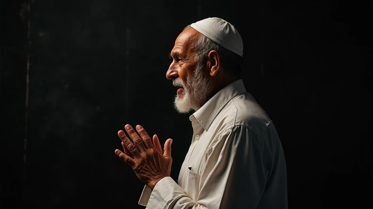 The image is a portrait of a middle-aged Muslim man sitting at a table with his eyes closed and his hands clasped together in prayer. He is wearing a white cap and a blue shirt with small white polka dots. The background is dark and the lighting is dim, creating a moody atmosphere. The man appears to be deep in thought, with a serious expression on his face. The overall mood of the image is somber and contemplative.