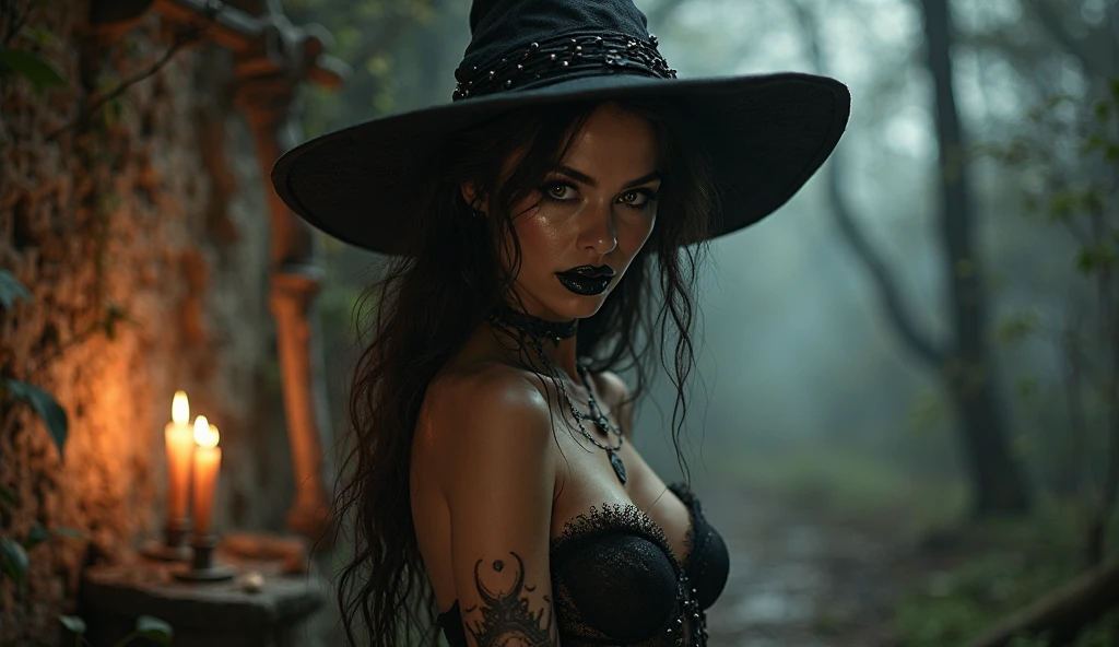Gothic witch in bikini on a night farm