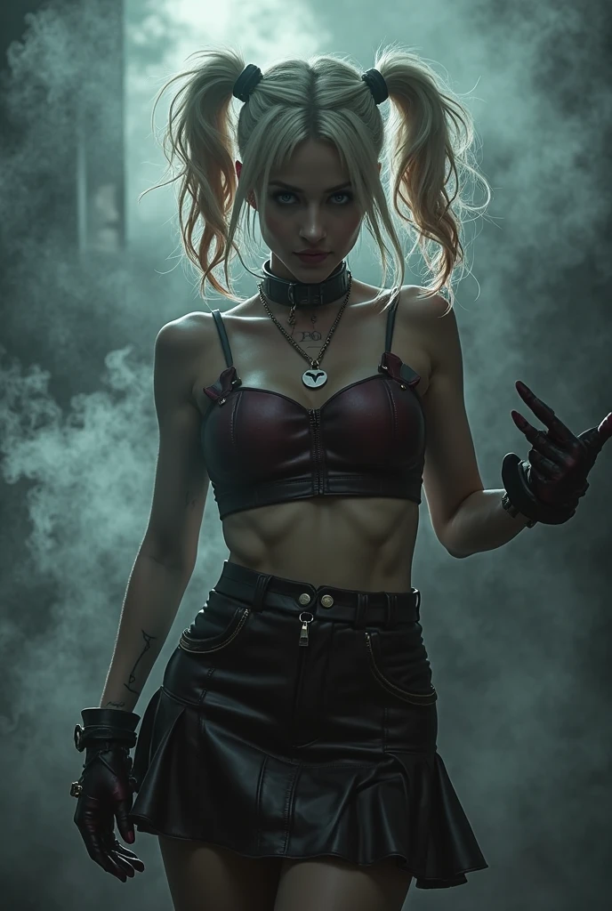 Foto de cuerpo completo de Harley Quinn, en_Uno_pierna bajo la lluvia, sobre la ciudad de Gothan