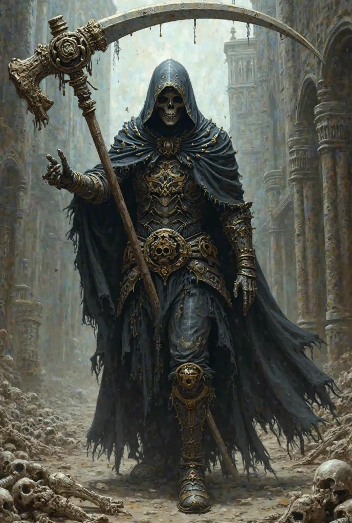 a skeletal necromancer wearing a tattered cloak with a hood, a magical spear made of bone in one hand, wearing a medallion with an eye, detailed skeletal face, detailed skeletal hands, dark fantasy, dramatic lighting, moody atmosphere, cinematic, intricate details, high quality, 8k, dark magic, gothic, fantasy, conceptart, dark and gritty, dramatic shadows, cinematic composition, dramatic pose, Dungeons and Dragons inspired.