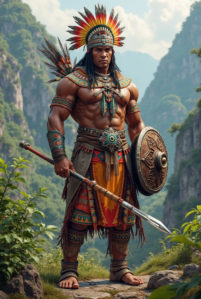 (photorealism:1.2), aztec Warrior un a field of plants and flowers in background, With traditional Aztec weapons.  realistic, intricate details, warm colors.