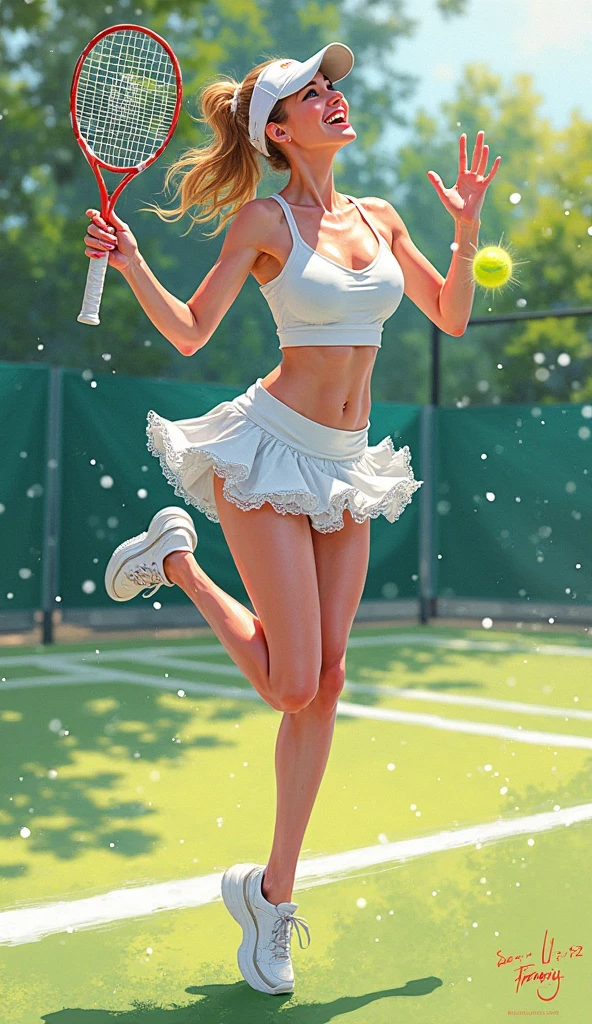 Highest quality, perfect masterpiece, perfect art, 8K, (young and energetic girl, tennis, wearing pink-blue-red color-block sneakers, urban tennis style dressing, top is clean babes white T-shirt, light blue pleated skirt, socks with white as the main color pink stripes, with tennis rackets, the environment is a tennis court; The weather is clear and cloudy; The overall color tone is bright; thick coating style; , delicate face, white hair girl, (white hair: 1.3), medium and short hair, (black background: 1.3), pearl illusion, cyberpunk, fashion trends, 3s material, HD, detail performance, c4d, 3D, octane rendering, ray tracing, complex details, animated lighting, OCrenderer, 8k,