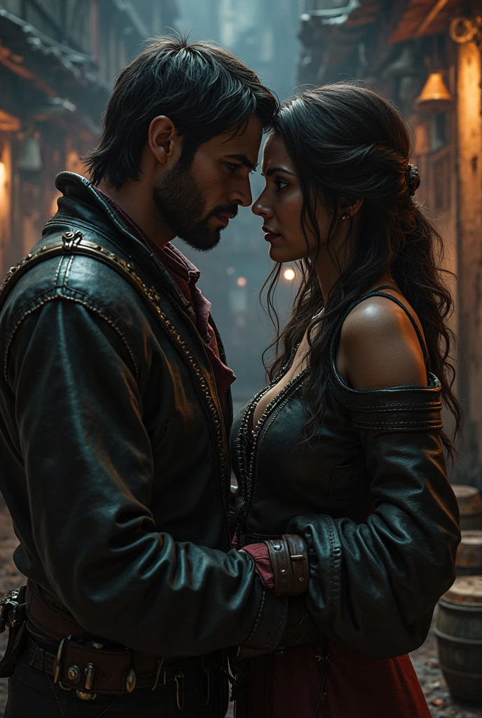 In a dimly lit, opulent chamber within the dark fantasy palace, Lady Seraphina d’Aurelis and Kael Valaran share an intimate moment. Seraphina, dressed in a dark, form-fitting gown that highlights her seductive and commanding presence, leans in close to Kael, her expression a mix of allure and cold calculation. Her eyes gleam with a dangerous intensity as she looks into Kael’s, testing the boundaries of his loyalty and desire. Kael, rugged and battle-hardened, stands close to her, his own expression one of conflict—torn between his attraction to her and the awareness of the power she holds over him. The tension between them is palpable, a dangerous mix of attraction and manipulation. The chamber is adorned with rich, dark fabrics and flickering candlelight, casting shadows that emphasize the mysterious and foreboding atmosphere. The depiction should be in a realistic, dark fantasy style, capturing the complex and intense emotions of this pivotal moment between Seraphina and Kael.
