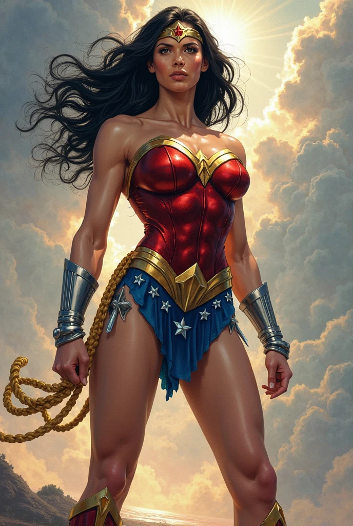 Art image of Lynda Carter as Wonder Woman, busty, beautiful, black hair, large breasts, ancient Athens background, by Louis Royo, Boris Vallejo, Frank Frazetta, extreme focus, sharp details, sexy,  oily skin, sexy, naughty, dynamic pose