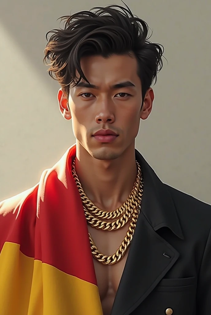 hyper realistic oil painting of a male, age 18, handsome indonesian men, face [will smith: zayn malik: 0.5], wear rope harness, two large wings, [by Alphonse Mucha: john william waterhouse: Charles Dana Gibson: charlie bowater: 0.6], natural red lips, small moustache, fierce look, fit body, bare chest, detailed face, detailed physique, abdominal muscles, well built bodybuilder, macho, oily body, detailed feathers, wear gold head band, gold shoulder band, gold necklace, gold crown, wear g-string, hair bund, long-haired, Real texture, sarong batik, sharp focus, highly detailed, artstation, cgsociety, bokeh background in the pond garden full of rose flower, decorative art deco, symmetrical, acurate, 16, rococo style, character design, cinematic lighting, drop shadow, blending, backlighting, glowing light, sparkle, depth of field, reflection light, high detail, best quality, masterpiece, super detail, high details, uhd, highres, textured skin, anatomically correct, award winning,