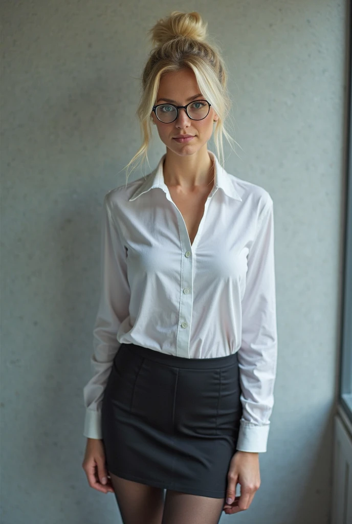 beautiful woman of 45 years old with blue eyes, blond with brown roots, hair in bun with tendrils, looking directly at the camera, very realistic, instagram selfie, closeup face ,in the office, silk blouse ,black silk trousers, clothes tight against body, clothes too tight, film grain, fit muscular body, big breasts, full body shot, clothes too tight, seductive, glasses