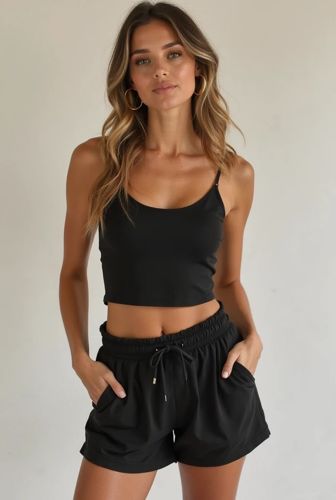 a woman in a preto top and tan skirt posing for a picture, wearing a preto cropped tank top, wearing a cropped preto tank top, preto top, she is wearing a preto tank top, preto tank top, tight preto tanktop, preto tanktop, preto, preto halter top, corte superior, tight preto tank top and shorts, wearing preto camisole outfit