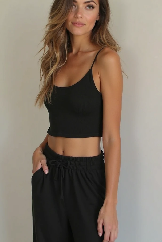 a woman in a preto top and tan skirt posing for a picture, wearing a preto cropped tank top, wearing a cropped preto tank top, preto top, she is wearing a preto tank top, preto tank top, tight preto tanktop, preto tanktop, preto, preto halter top, corte superior, tight preto tank top and shorts, wearing preto camisole outfit