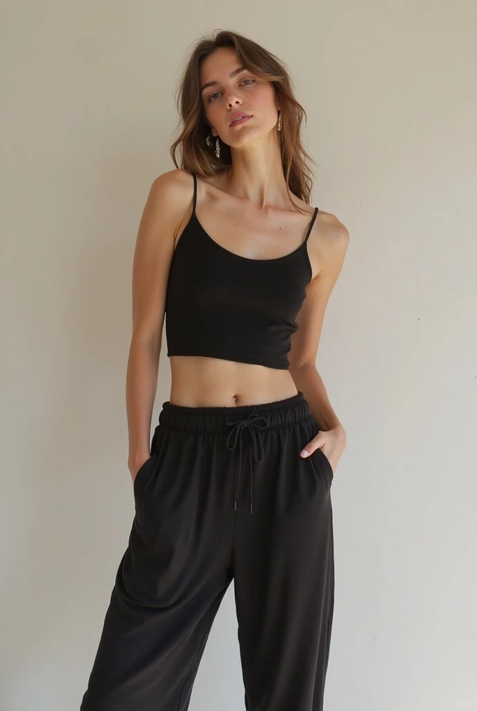 a woman in a preto top and tan skirt posing for a picture, wearing a preto cropped tank top, wearing a cropped preto tank top, preto top, she is wearing a preto tank top, preto tank top, tight preto tanktop, preto tanktop, preto, preto halter top, corte superior, tight preto tank top and shorts, wearing preto camisole outfit