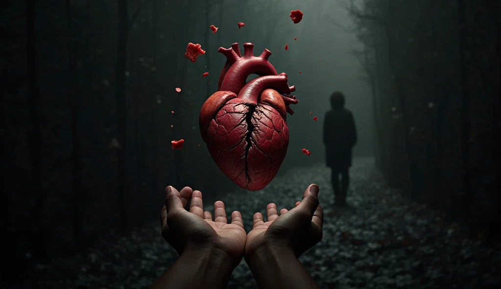 Human hand holding up a bloody heart
