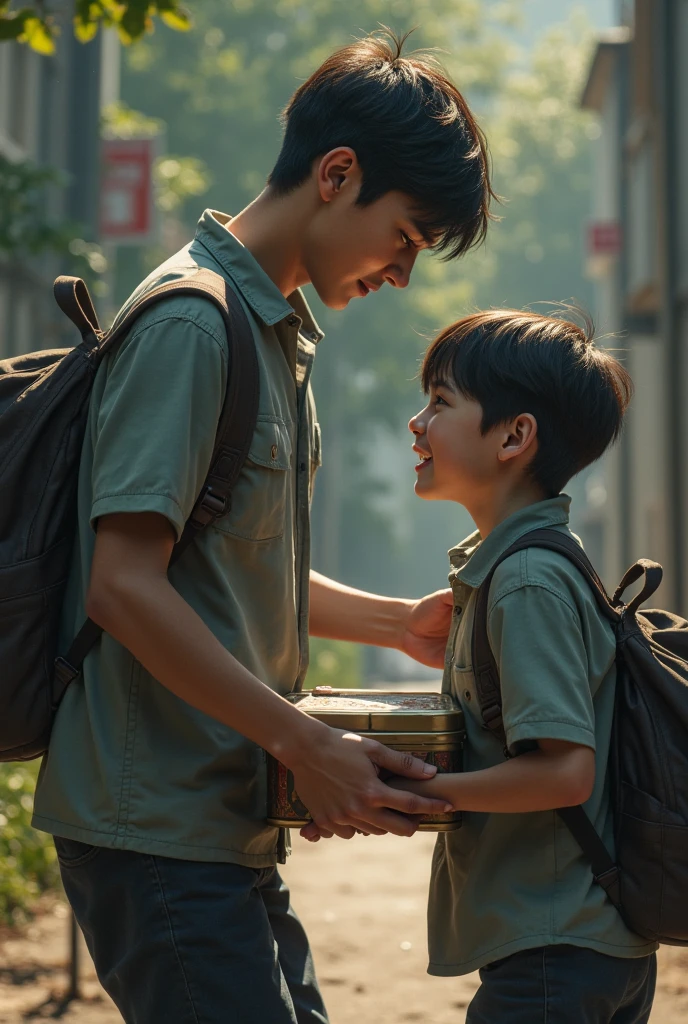 two boys standing on the sidewalk with their backpacks on, pablo carpio and jordan grimmer, bowater charlie and brom gerald, they are very serious, ruan jia and fenghua zhong, ruan jia and brom, jose miguel roman frances, profile pic, brothers, very very low quality picture, small and sharp pupils, wearing school uniform, ???(8k, 4k, best quality, highres, ultra high res:1.1), (masterpiece, realistic, photo-realistic:1.1), same person, everything same, the beauty same, nothing changes high contrast,