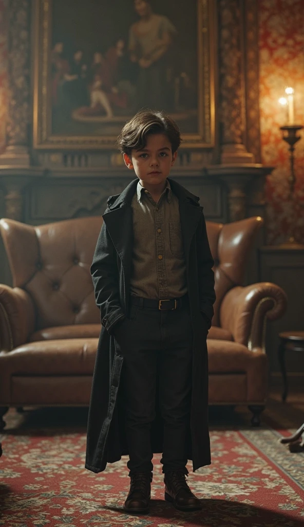 arafed image of a young boy sitting in a chair, inspired by George Henry, by irakli nadar, epic and classy portrait, highly detailed vfx portrait, costumes from peaky blinders, inspired by Louis Le Nain, creepy child, young boy, by Emma Andijewska, 4k symmetrical portrait, 4 k symmetrical portrait