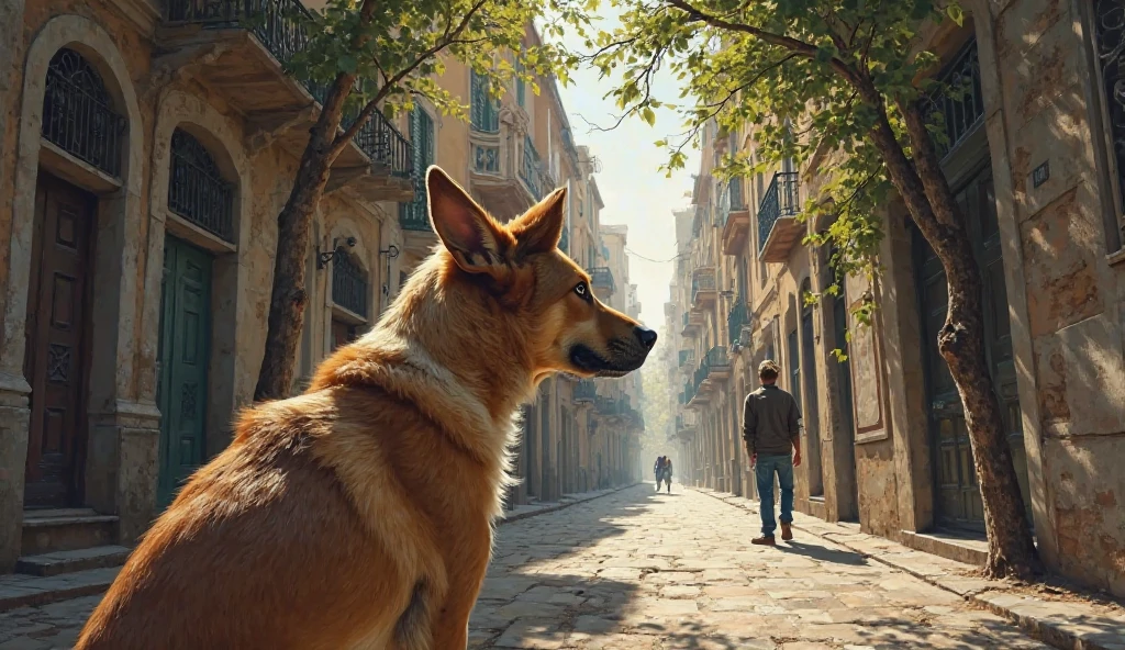 Dog in the city looking at a person in the alley, Realistic dog - SeaArt AI