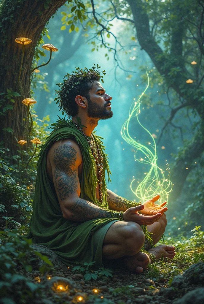 arafed man with a glowing star in his hands in a forest, a shaman holding up the universe, ayahuasca shaman, the ayahuasca spirit, emanating with blue aura, an interdimensional being, radiating a glowing aura, emanating and flowing energy, glowing from within, ayahuasca, channeling mystical energy, shamanism