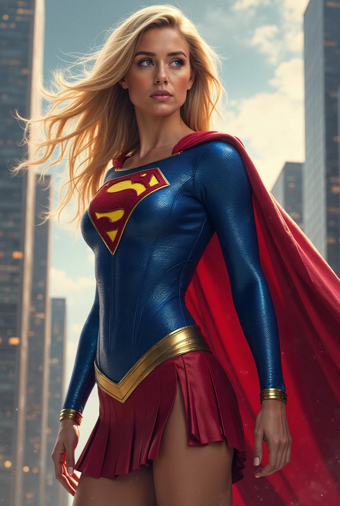 One Girl、Melissa Benoist - SMF、Blonde、Superhero、Long Hair、Beautiful Lips、Exterior Armor、Bodysuits、Red Skirt、Knee-high boots、Red footwear、high quality、High resolution、masterpiece、Sharp focus、Like the picture、RAW Photos、Cinematic lighting、Detailed skin texture、Detailed fabric texture、Beautifully detailed face、Intricate details、Ultra-detailed、Perfect physique、expensive、Focus from the chest up、Wearing a Supergirl costume、乱れたBlonde、Dynamic Action、Look at the viewers、the background is a expensive building、(((You are under attack by an enemy、The costume is in tatters、The skirt is severely torn、I'm injured、Bleeding from the wound、His face is contorted in pain:1.5)))、(((Depict the whole body:1.6)))