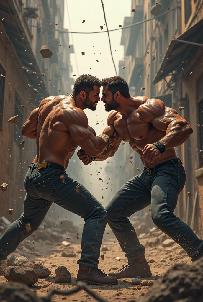 Young muscular white man leggings bulg fights against muscular Jew