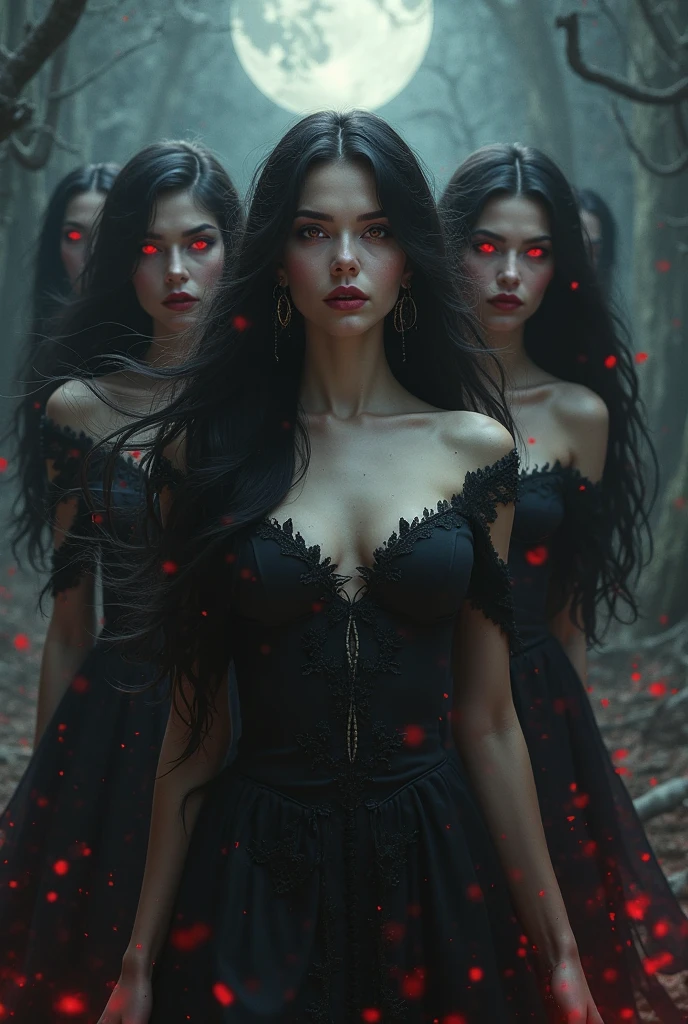  in red dress with tall black hair and glowing red eyes is standing with Girl with pale skin and her tall black hair covering her face. The background is slender forest