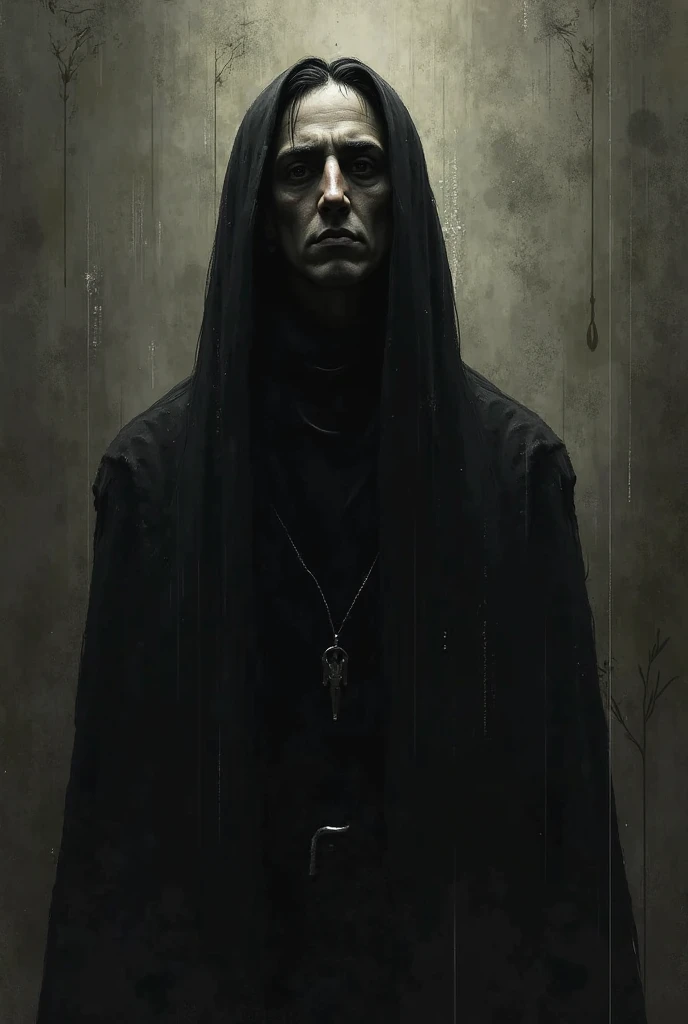 A priest with a dark and sinister expression, symbolizing degeneration into a "pederast, mental and spiritual slaver" without the process of Catharsis, with the church behind it, plunged into shadows.