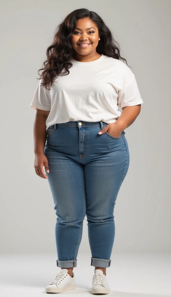 image captured with a Sony α7 III camera, full body shot, an narrow waist, wide hips, and a full bust. The proportions are highly stylized, with a sharp contrast between the tiny waist and the expansive curves of the hips and chest, young Black woman early 20's, bootcut jeans in dark Blue color, fitted waist tee in white color, standing, light brown high heels, light gray background.