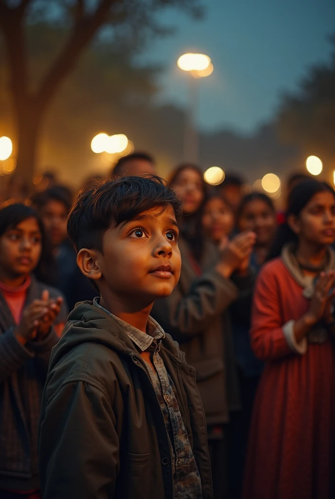 A Indian boy standing at school ground and around her people the time is sun sat at the night there are liting blue and red