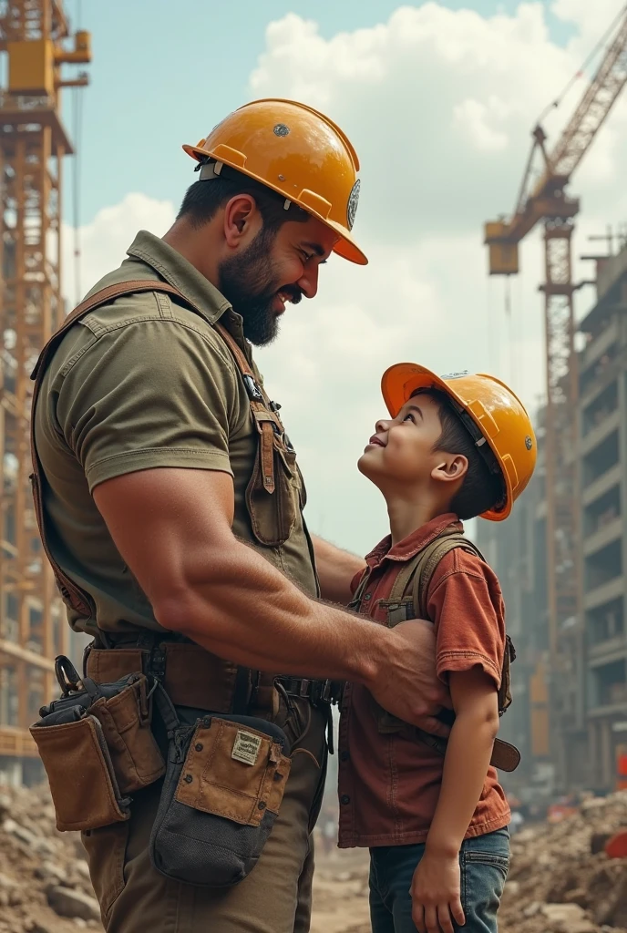 Child construction worker (White man) with sadness on his face talking to his boss at the construction site asking if he could give him full time work because now he won't be studying anymore Horizontal Image