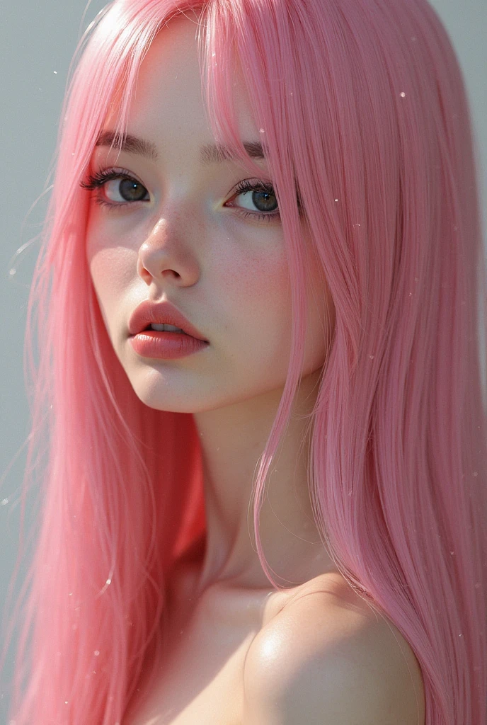 （Mole on the chest:1.5），Best quality at best，超高分辨率，（真实感：1.4），（beuaty girl：1.4），（mediuml breasts：0.8），looking_at_viewer，Detailed facial details，Beautiful detailed eyes，with pink hair，blue colored eyes，slim，haunting smile，（Makeup：0.3），Redlip，Very meticulous clothes，（ulzzang-6500-v1.1：0.3）