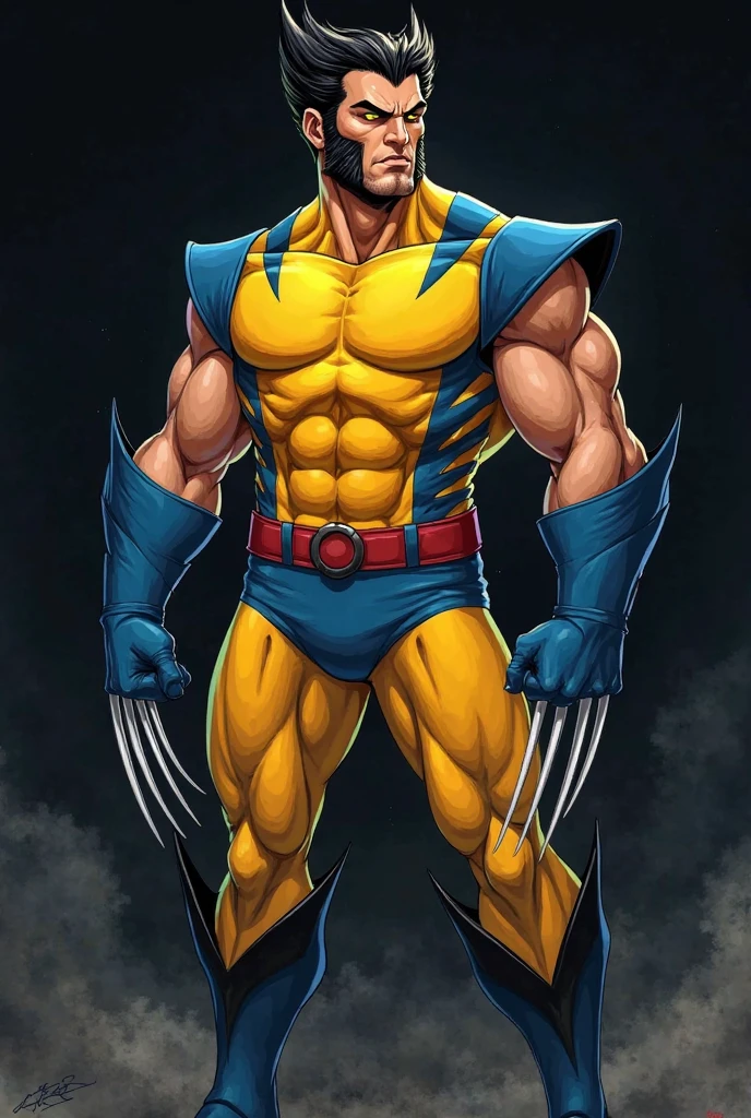 best quality, 16k, extremely detailed, delicate and dynamic, Logan Howlett, Wolverine, yellow bodysuit, blue gloves, (((Unmasked))), (masterpiece), best quality, expressive eyes, (white background:1.5),(((simple background)),  perfect face,  (perfect fingers), detailed eyes, detailed face, ,tshirt design logo,