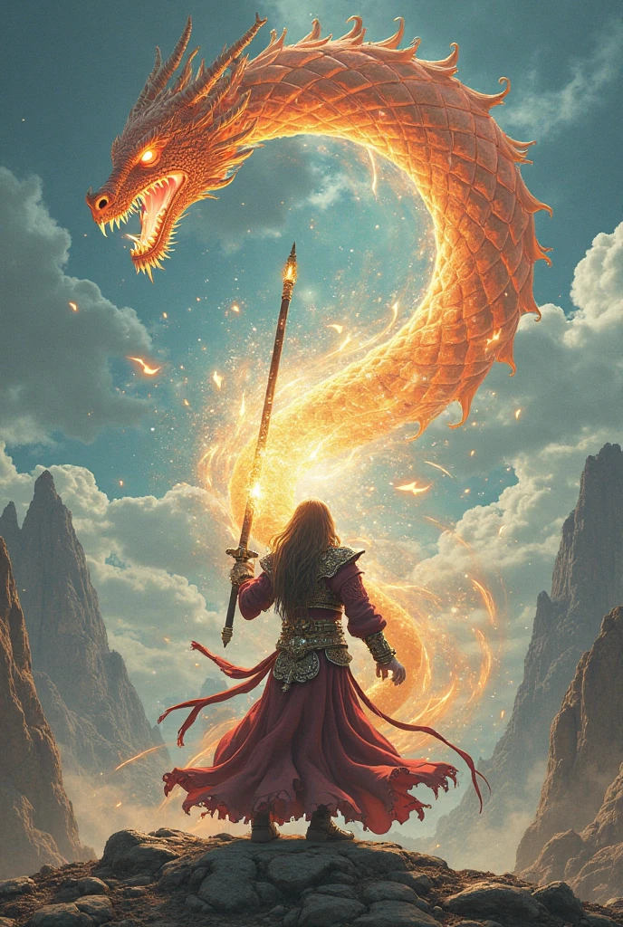 Fire mage controlling a ball of fire with fire breathing dragon