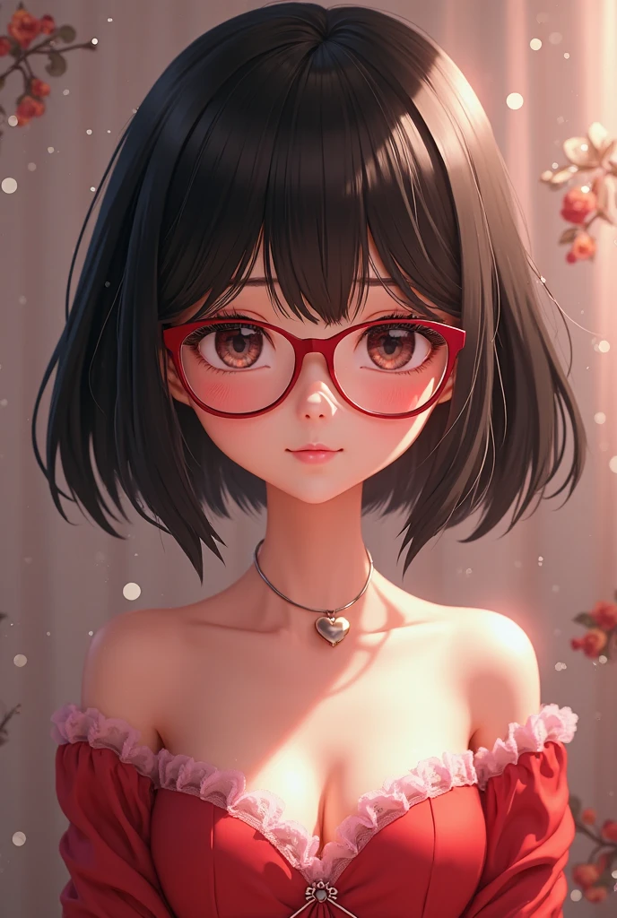 1 girl (18year old) Glasses, Upper body, Slim waist, tiny chest, Sexy Pose, No Sea Face, Bangs, cleavage, Navel, off shoulders, Seductive smile, wear red sexy winter clothes, Gray background
