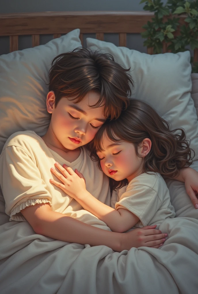 A boy, white dress , sleeping, mention the boy name is DEV which is written in his dress, he is seeing dream and in his dream a beautiful girl is sitting beside him and hold his one hand . Make the atmosphere cloudy and dreamy.