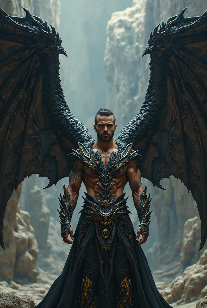 man who can transform into a dragon. I want him to have medium black hair, be very strong and have some tattoos on your arms as if they were scales, I want him to have black wings like a dragon, and he must have black armor.
