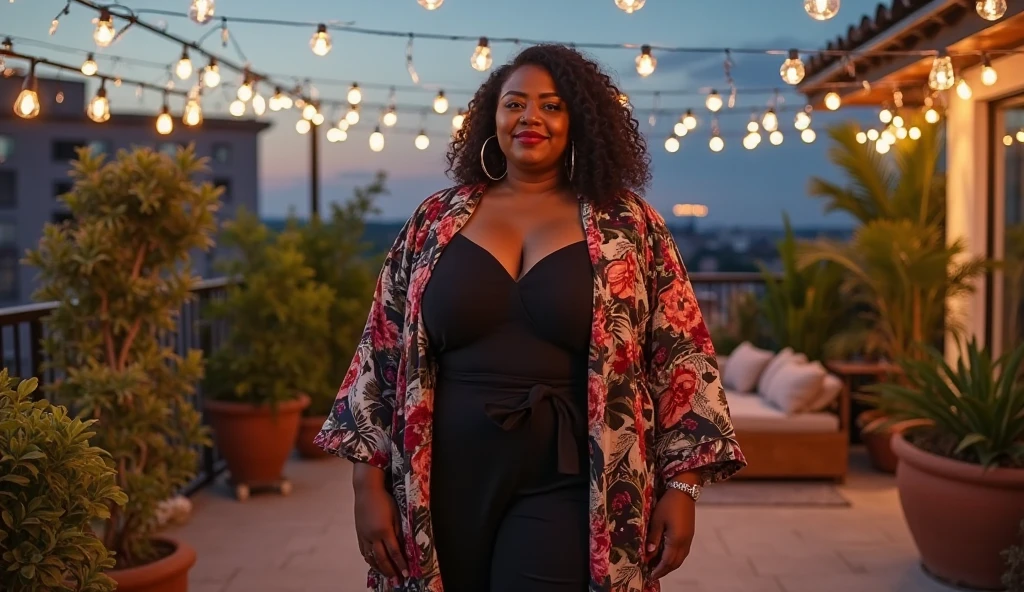 photograph of a dark-haired afro man with windblown curls, her hair is intertwined, like a flame against the twilight sky., radiating unbridled beauty, big breasts, wearing a sexy white dress at a pool bar in Miami, with a red balloon Big smile on the face