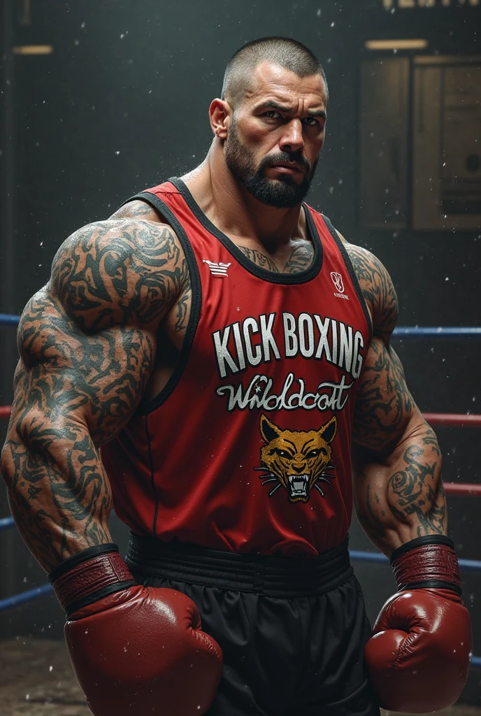 Shirtless 23 year old Angry Mexican heavily tattooed boxer with boxing gloves and boxing shorts and boots and knee high socks in ring