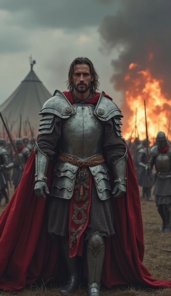 A highly realistic, high-contrast, 8K HD, detailed, hyper-detailed image of a large group of medieval knights in the desert at sunset, all holding their swords pointed downward and looking directly at the viewer. The central focus is on the protagonist from the provided image, with his distinctive rugged face, increased volume of dark hair, and intense expression, wearing steel armor with a red cross emblem. Surrounding him are numerous Crusaders, all in matching steel armor, their swords catching the warm, golden light of the setting sun. The sky is ablaze with vibrant hues of orange and red, creating a dramatic and solemn atmosphere. Ultra-high resolution, RAW photo quality, Unreal Engine rendering, capturing the power and unity of the Crusaders as they stand together, swords pointed downward, ready for battle.