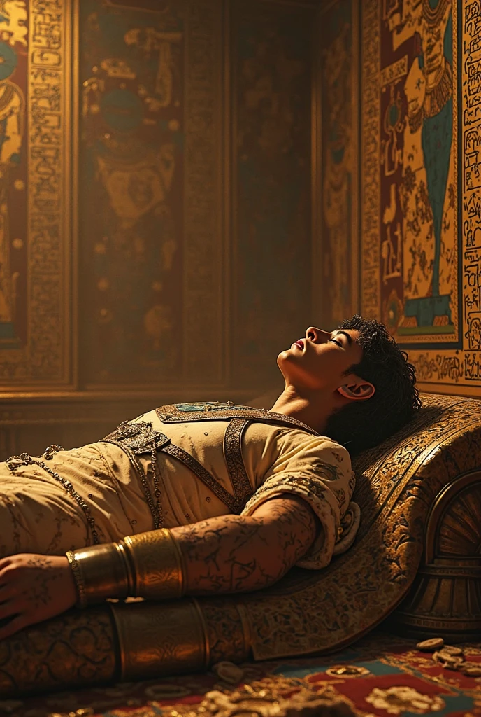 A man lying on the pavement unconscious horizontally, but one half is Aztec on the sacrificial stone (that it is seen as a sacrifice)and the right side of the man looks modern and current, (the part of the legs)