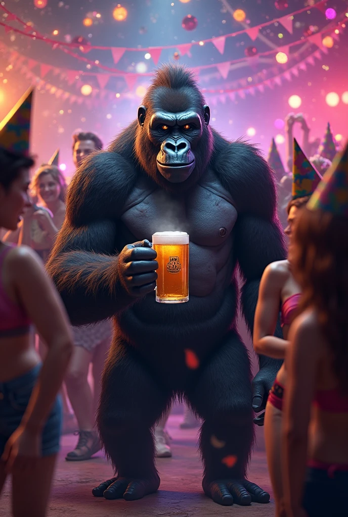 Make a big monkey with black glasses at a party with a shirtless man and a red house in a sea and a cat on top of the monkey and a big explosion behind the party