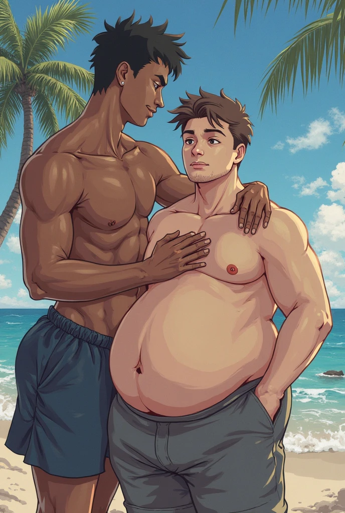 German, tall to the ceiling, bodybuilder, highschool freshman laying down on a beach. cute young face, great height difference. high detail faces. show full height from toe to head. bodybuilders in the picture. Tropical beach.