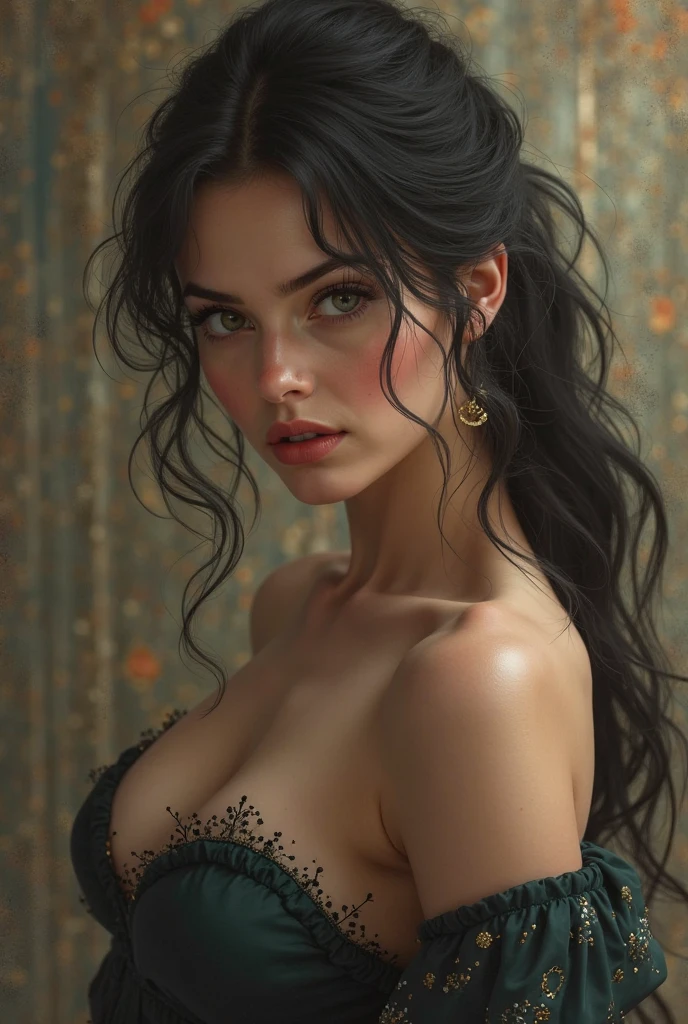 NSFW,  (incredibly absurdres, ultra-detailed,CG ,unity ,8k wallpaper),(masterpiece),(realistic),(photorealistic:1.2),(raw photo:1.2), (best quality:1.2), (detailed face :1.4),(beautiful detailed eyes :1.2),(detailed hair),light on face, huge filesize ,cinematic lighting, 1 girl ,sexy,nsfw,eyeliner,kawaii, megan fox, student, long hair, brown hair, ((wavy hair)), hair ornament, ((light blush)), ((mole under eye)), ((expressionless eyes)), blue eyes, ((large breasts)) no bra, ,fashi-g, red lips, makeup, shirtlift, ((black silky dress)), black kneehighs, high heels,jewelry, earrings, necklace, looking at viewer,Depth of field,