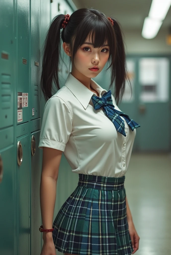 top-quality、masterpiece、超A high resolution、(Photorealsitic:1.4)、Raw photo、女の子1人、Brown hair with bangs、drooing eyes、thin-waist、Colossal tits、Japan schoolgirl sailor suit、Black miniskirt、Inside the classroom、slim figure、Light smile with visible teeth