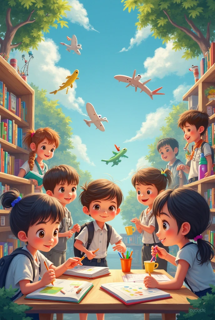 I need 3D drawing illustrations showing technology in children's learning with instruments such as tablets, smart displays, computers, cell phones