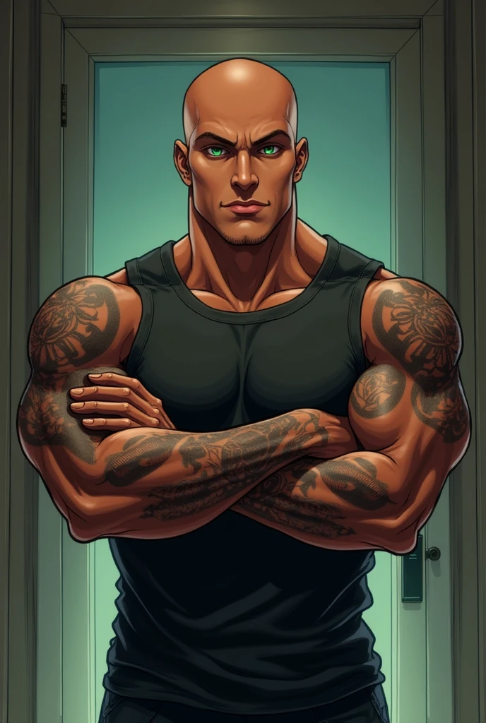 Skinhead Black eyebrows Upper body naked Muscular young Black dot on forehead male Green baggy trousers Red Shoes
