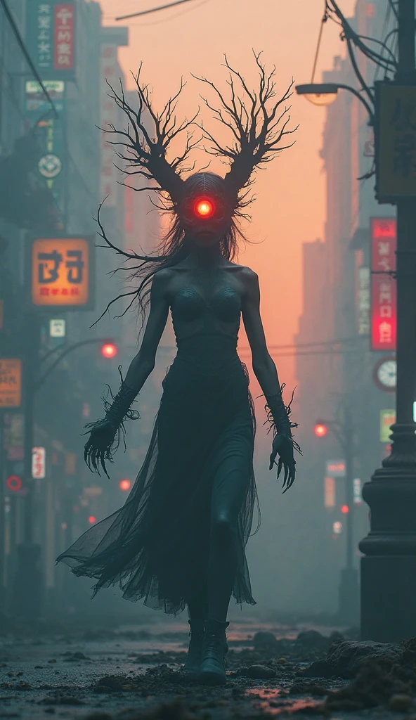 full body photo, woman standing in above the city, women looking at the viewer, facing the viewer, body facing the viewer, body facing front, face visible, body facing camera, long skirt plain outfit, simple outfit, sfw outfit, outfit covers her legs and chest, outfit in black and white, white long hair flowing in the wind, with horns, background is cyberpunk, dystopia, alien city, purple, blue, and pink lights, dark vibes, bloomy, lonely, dispair, final fantasy, post apocalypse